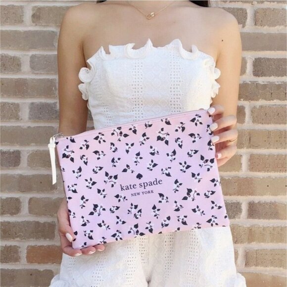 Kate Spade New York Pink Floral Zipper Pouch – 11x8” Polyester Travel Clutch - Picture 1 of 6